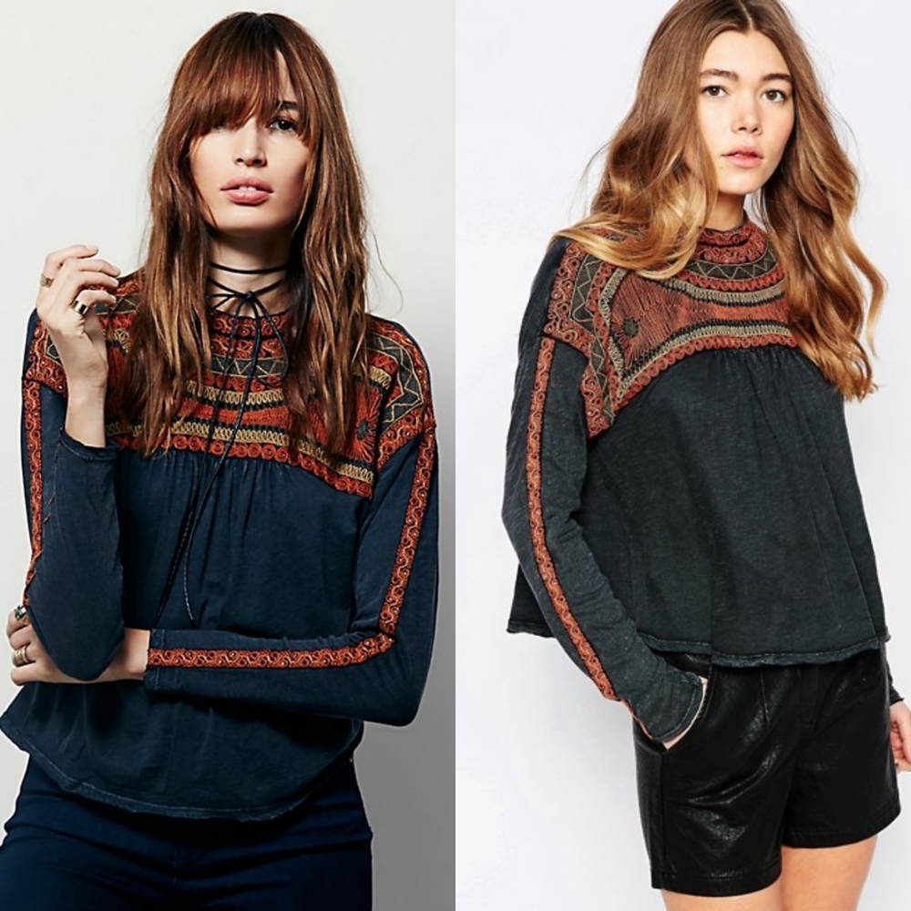 Free People Black and Orange Embroidered Top